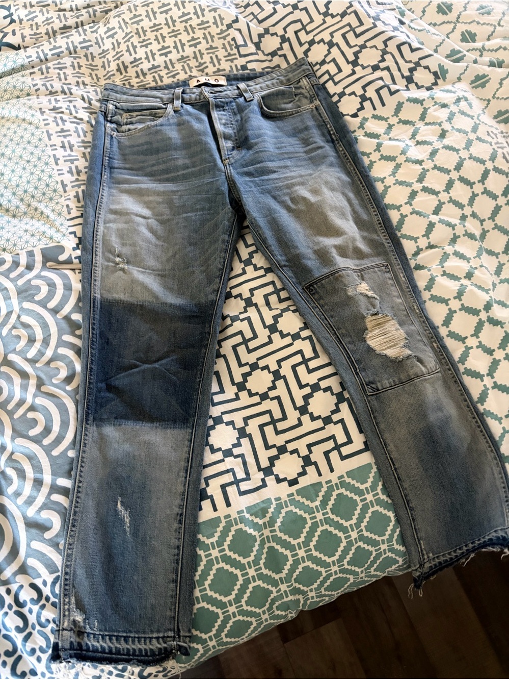 AMO Babe Keepsake Mid Rise Distressed Blue Jeans with Patchwork knees,frayed hem